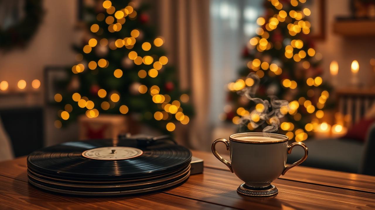 Gemütliche Weihnachtsatmosphäre mit Vinyl-Platten und warmem Kakao